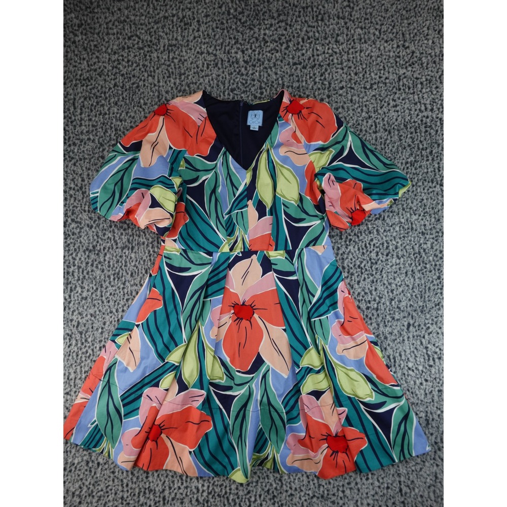 CeCe Floral Puff Sleeve Mini Dress Womens Medium Multicolor Excellent V-Neck